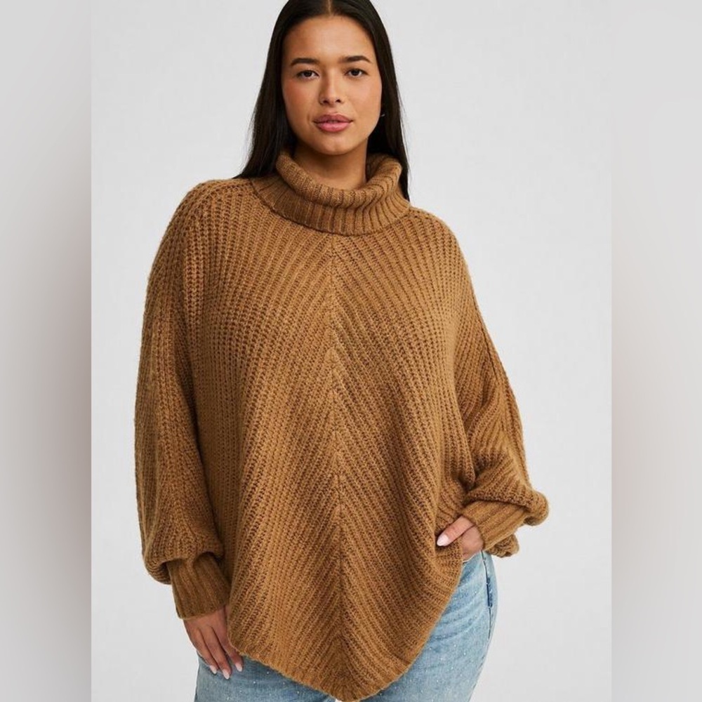Torrid Chunky Ribbed Poncho Sweater in Camel